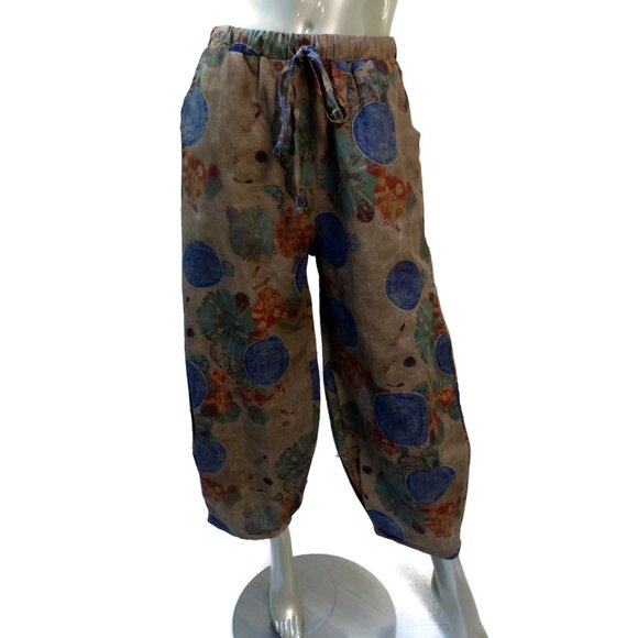 Private Tailor Pleated Cuff Cropped Pants Large Linen Blend Wide Leg Floral - Picture 2 of 7